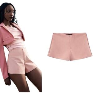 Zara High-waist Bermuda shorts linen blend Pink Size XS